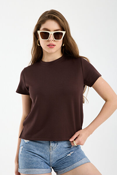 Clothes Fast Women's Brown Basic T-Shirt Crew Neck Short Sleeve Cotton Casual...