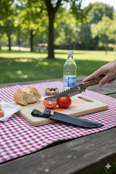 MERTCAN KNİFE Özel Tasarım Ay Yıldız Detaylı Kurt Başlı Kamp- Deri Kılıflı Ou...