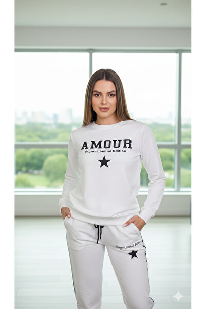 Serena Trening damă alb din 2 piese – pantaloni și bluză cu imprimeu Super Li...