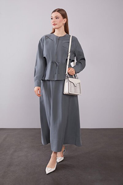 Levidor Anthracite Shoulder Zipper Detailed Skirt Suit