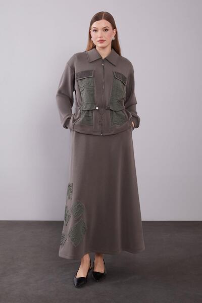 Levidor Khaki Gathered Patch Detailed Skirt Set