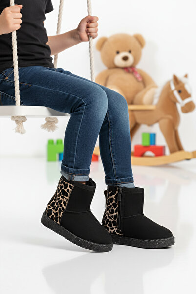 AYAKMOD Black Leopard Fur Lined Cold Resistant Girls' Boots 1212 P