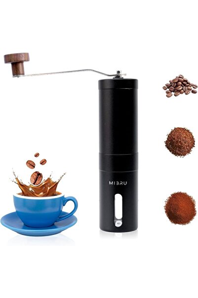 MIBRU Manual coffee grinder, stainless steel, black color, with a wooden handle.