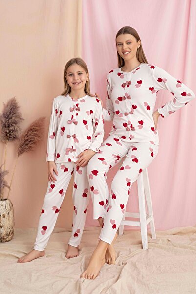 Tarık Set de pijamale din țesătură moale, cu model inimioare și detaliu fundă...