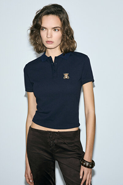 GRIMELANGE Solvia Women's Polo Collar Buttoned Short Sleeve Crop Navy Blue T-...