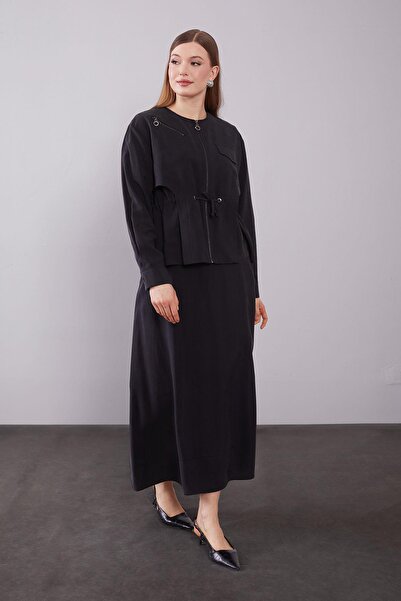 Levidor Black Shoulder Zipper Detailed Skirt Set