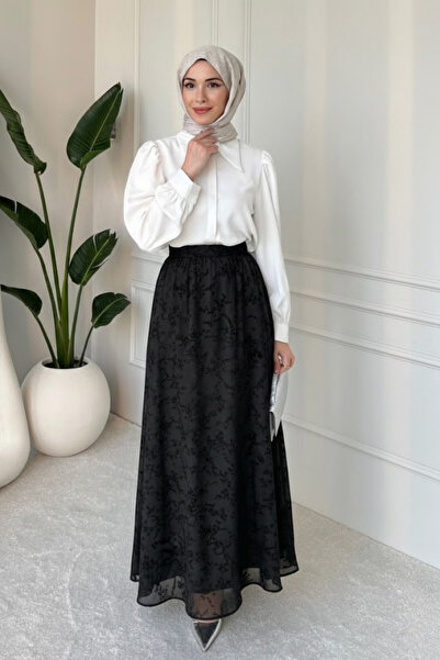 Tesettür Diyarı Roshine Kabartmalı Astarlı Tül Tesettür Etek- Siyah