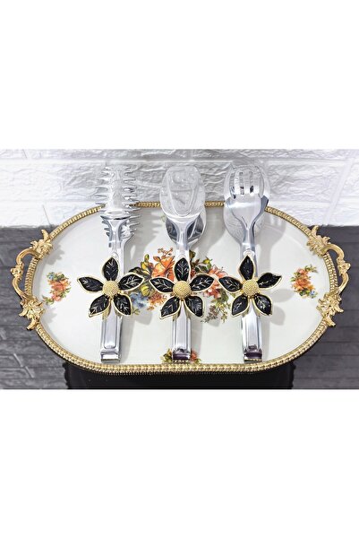 atabey home Silver Serving Tongs Set of 3 Gold Daisy Black Pasta/Cake/Dinner/...