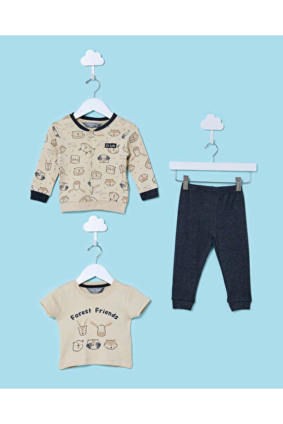 REDTAG Infant Boys Beige And Brown Forest Friends Print Jog Set (3 Piece)