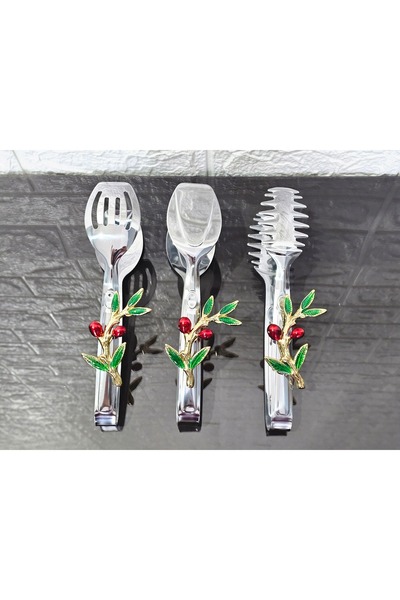 atabey home Silver Serving Tongs Set of 3 Red Olive Pasta/Cake/Dinner/Present...