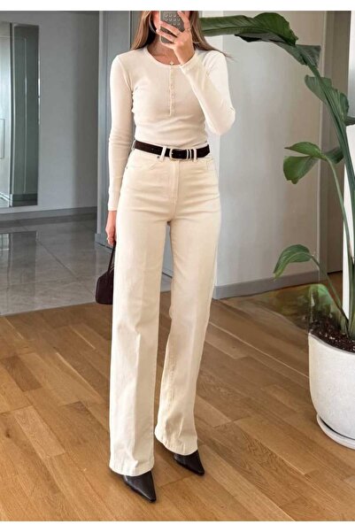 Telablanka Yüksek Bel Süet Kahve Kemerli Straight Jean – Bej