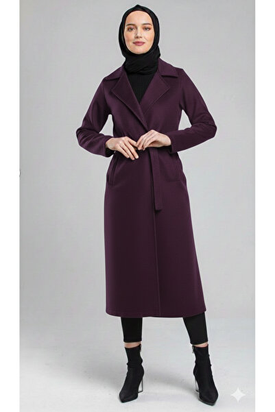CNG MODA Women's Hijab Burgundy Belted Woolen Unlined Cashmere Coat Coat