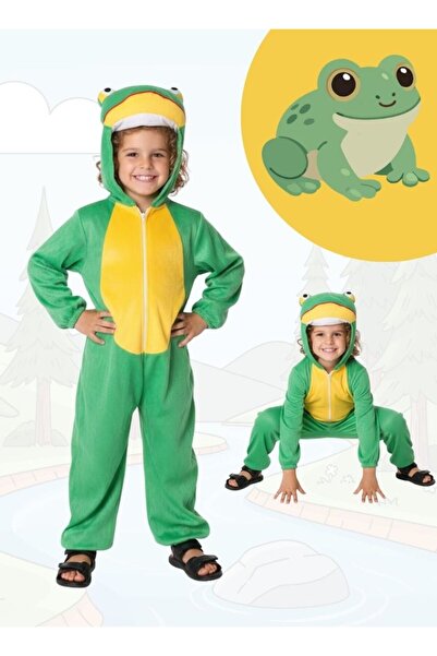 Premium زي تنكري للأطفال على شكل ضفدع، جمبسوت أخضر، زي تنكري على شكل ضفدع كرتوني
