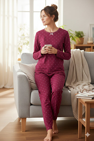 Sude Pijama Damă Flausată pe Interior – Mov cu Inimioare, Mâneci și Pantaloni...