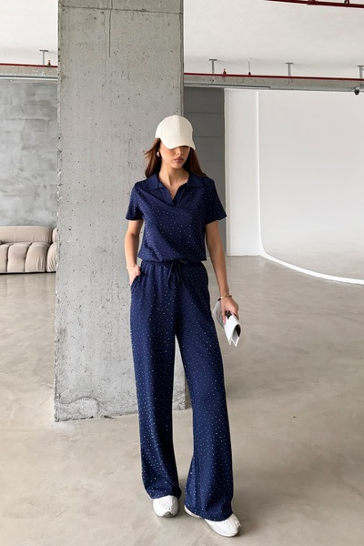 LE CARAMBOLE Women's Navy Blue Stone Detailed Blouse and Trousers Two-Piece Set