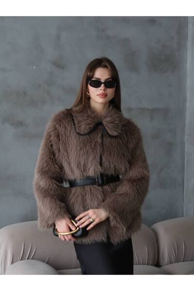 Zey Studio Women's Mink Leather Detailed Belted Fur Coat