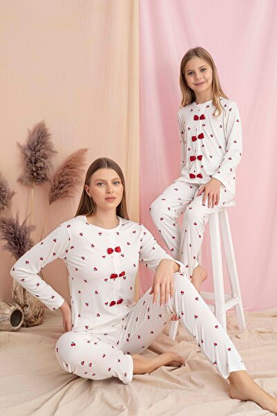 Tarık Set de pijamale din țesătură moale, cu model cireșe și detaliu fundă, p...