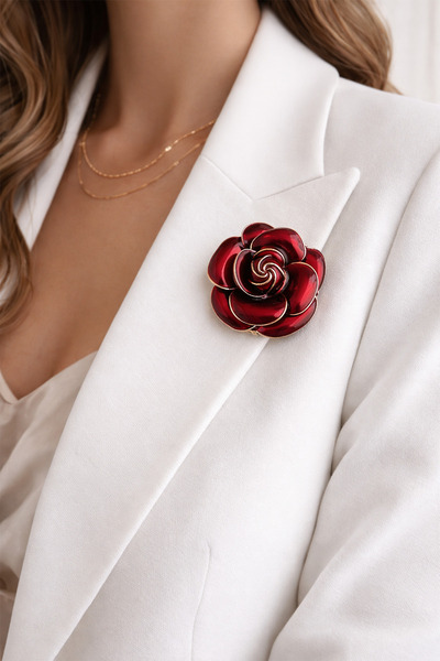 Modex Kırmızı Mineli Zarif Gül Broş (3cm)