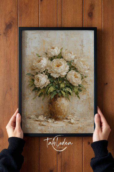 tablodea Pictură în ulei în stil vintage, în culoarea alb-crem, cu flori de b...