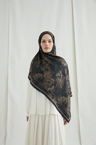 cs camellia scarf Monaco Kraş Shawl - Black Beige