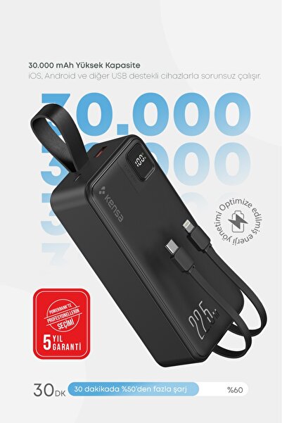 Kensa Taşınabilir 30.000 mAh Powerbank | 22.5W PD Hızlı Şarj, LED Gösterge, T...
