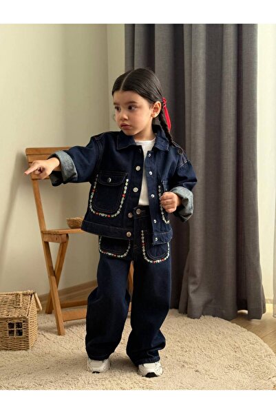 NOBLEKIDS سترة وبنطلون من الدنيم المطرز باللون الأزرق الداكن وقميص قطني - طقم...