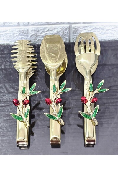 atabey home Gold Serving Tongs Set of 3 Red Olive Pasta/Pie/Dinner/Presentati...