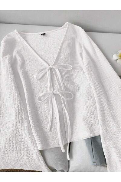 MOONBULL Women's Spanish Sleeve Wrap Blouse with 2-Tie Detail on the Front