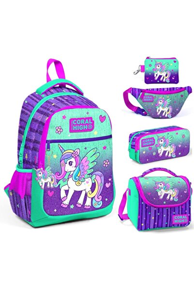 Coral High Green Purple Pegasus Five-Piece School and Daily Bag Set - Girls