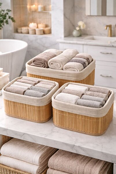 ENYAZA(2024) 3'lü Naturel Bambu Sepet Çok Amaçlı Düzenleyici 3 Adet Dikdörtge...