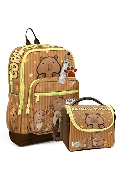 Coral High Capybara Patterned Boys' School Backpack and Lunchbox Set Setygn23...