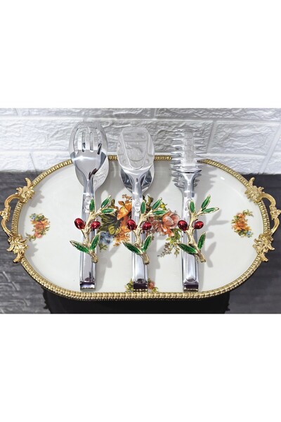 atabey home Silver Serving Tongs Set of 3 Red Olive Pasta/Cake/Dinner/Present...