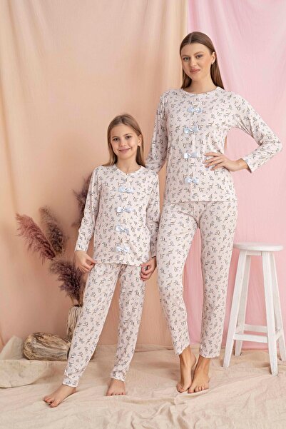 Tarık Women's Floral Pattern Bow Detailed Mother Daughter Soft Fabric Ribbed ...