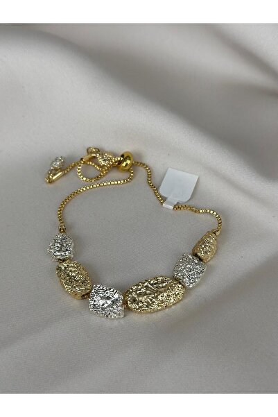 ZS Aksesuar Gold & Silver Color Textured Bead Detailed Adjustable Bracelet