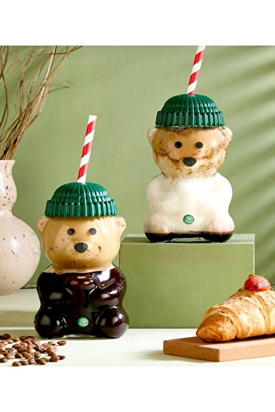 Onedekor 2-Pack Barista Glass Cold Drink Cup with Teddy Bear Design 500 ml