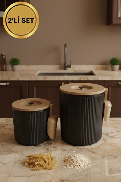 LE PARİS 2 Adet Kürekli Büyük Boy Erzak Kabı Seti - Dekoratif Çizgili Mutfak ...