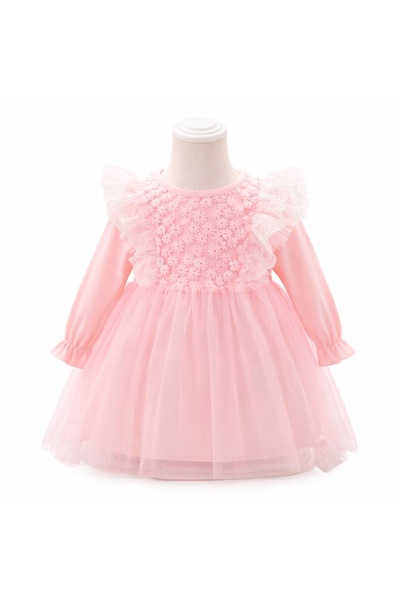kizu Pastel Pink Girls Satin Dress with Long Sleeves, Lace and Tulle Steampunk