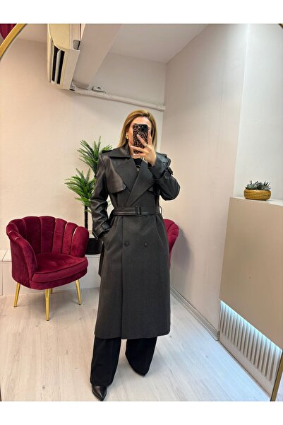 Top Fashion Deri Detaylı Uzun Kaşe Kaban