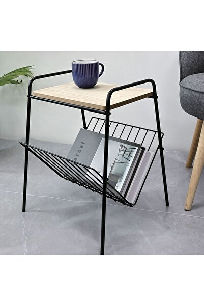 OEM Metal side table with magazine holder, wooden top, 36×29×46 cm, black – m...