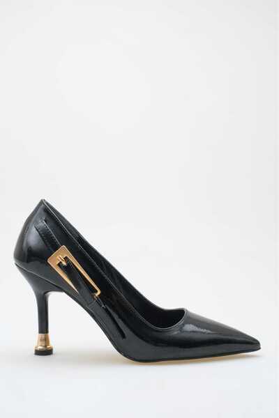 BİR-SEN SHOES Lyra Black Patent Leather Heels with Gold Buckle Stiletto 9 cm
