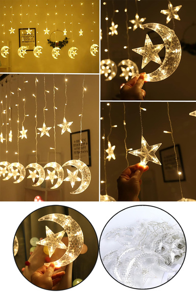 Allians 3 Metre Ay Yıldız Ramazan Dekoratif Günışığı Perde, Led Süsleme, 12'l...