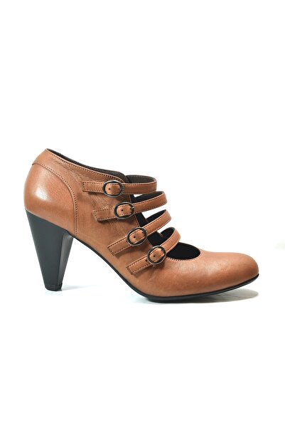 Onlo Ayakkabı 1241 Genuine Leather Tan High Thick Heeled Women's Shoes