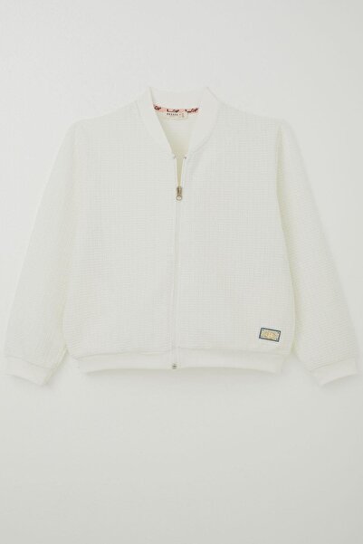 Breeze Girl's Cardigan with Zipper and Arma Detail, Ages 9-14, Ecru