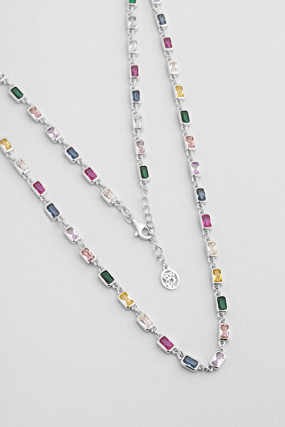 So CHIC... Renkli Aura 18 Ayar Beyaz Altın Kaplama 53 Cm Gümüş Kolye