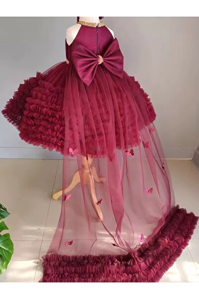 kizu Rochiță Satin Fetițe Burgundy cu Tulle Voluminos și Trenă Asimetrică