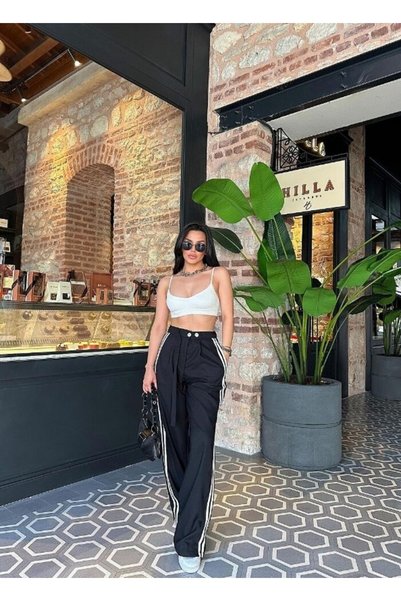 kendii modamm High Waist Palazzo Trousers with Side Stripe Detail – Sporty, Stylish, Comfortable Cut