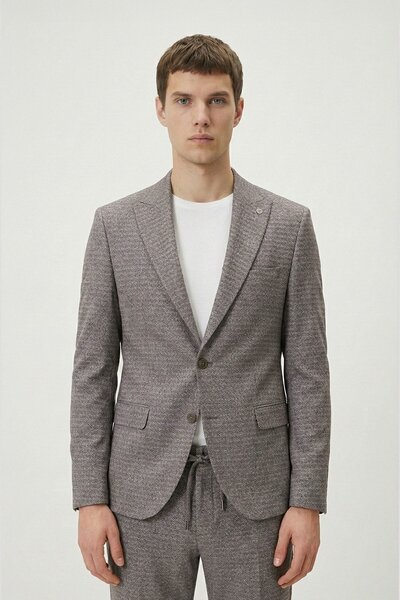 Sabri Özel Men's Dark Brown Slim Fit Dobby Mono Collar Regular Waist 6 Drop W...