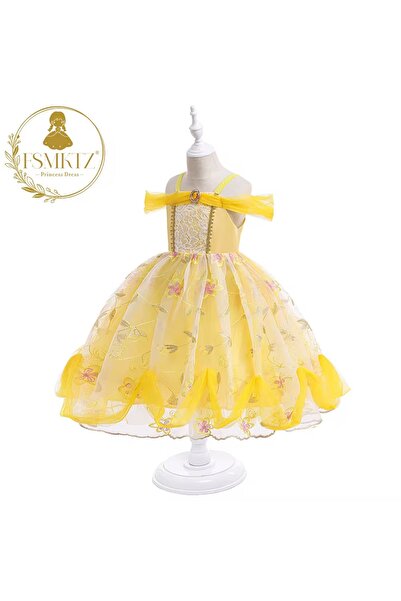 kizu Pastel Yellow Little Girls Satin Dress with Steamy Tulle and Delicate Bows