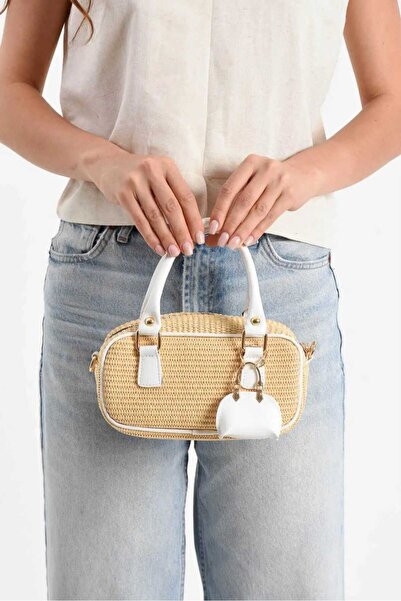ÖZÜM TAKI Women's Straw Hand and Shoulder Bag White