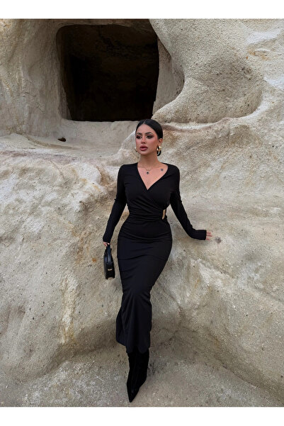 kırmızı butiks Siyah Kruvaze Yaka Tokalı Elbise